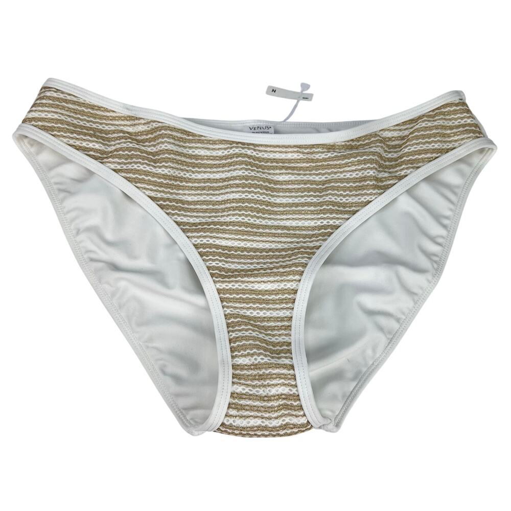 NEW Venus White & Gold Metallic Knit Crochet‎ Accent Bikini Bottoms Size 16